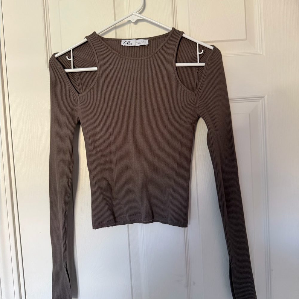 Zara Taupe Long Sleeve Cut-Out Top